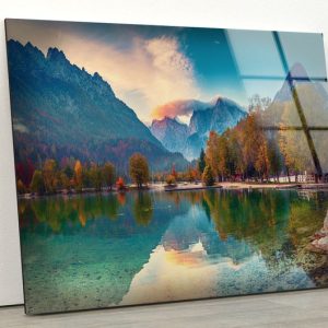 Abstract Art And Cool Wall Hanging Abstract Mountain Lake View Wall Art Glass Print