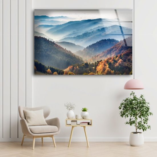 Abstract Art And Cool Wall Hanging Foggy Mountain View Misty Mountain Wall Art Glass Print 1
