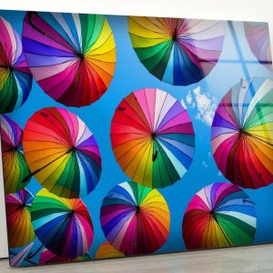 Abstract Art Fractal And Cool Wall Hanging Colorful Umbrellas Wall Art Glass Print