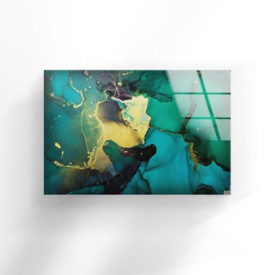 Abstract Glass Wall Art Glass Wall Decor Tempered Glass Printing Art Alcohol Ink Technique Green And Gold Abstract Wall Decor 1