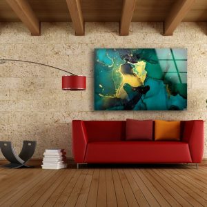 Abstract Glass Wall Art Glass Wall Decor Tempered Glass Printing Art Alcohol Ink Technique Green And Gold Abstract Wall Decor 2