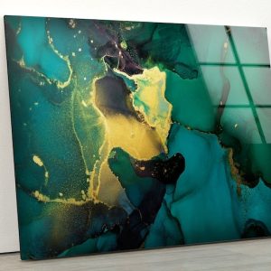 Abstract Glass Wall Art Glass Wall Decor Tempered Glass Printing Art Alcohol Ink Technique Green And Gold Abstract Wall Decor