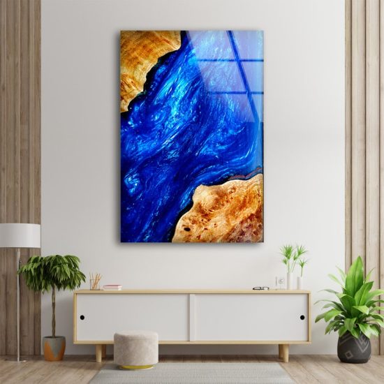 Abstract Glass Wall Art Glass Wall Decor Tempered Glass Printing Art Wooden Marble With Epoxy Resin Blue Epoxy Wall Art 1