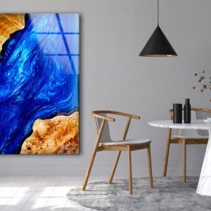 Abstract Glass Wall Art Glass Wall Decor Tempered Glass Printing Art Wooden Marble With Epoxy Resin Blue Epoxy Wall Art