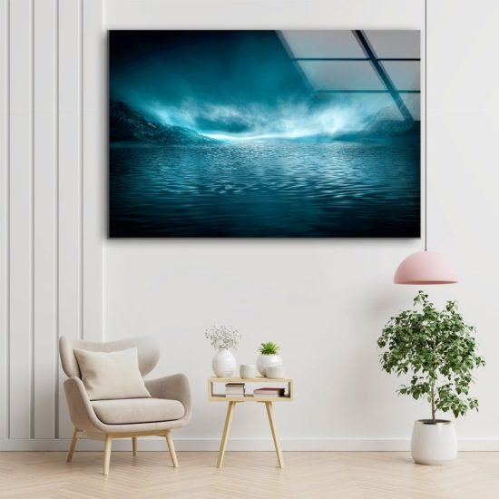 Glass Print Picture Wall Art For Restaurant Office Tempered Glass Wall Art Seascape At Night Futuristic Neon Light 1