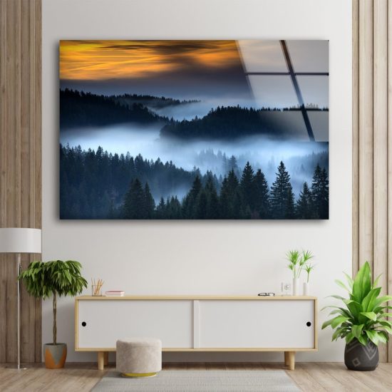 Glass Print Picture Wall Art For Restaurant Office Wall Art Uv Printing Foggy Mountain Wall Art Foggy Sunset 1