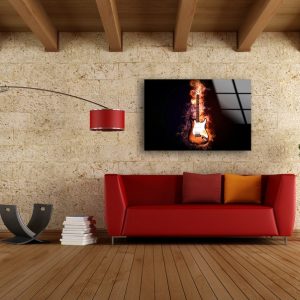 Glass Print Picture Wall Art For Restaurant Office Wall Art Wall Hanging Uv Printing Fire Guitar Wall Art 2