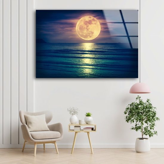 Glass Print Picture Wall Art For Restaurant Office Wall Art Wall Hanging Uv Printing Night Full Moon View Art 1