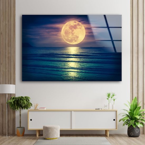 Glass Print Picture Wall Art For Restaurant Office Wall Art Wall Hanging Uv Printing Night Full Moon View Art