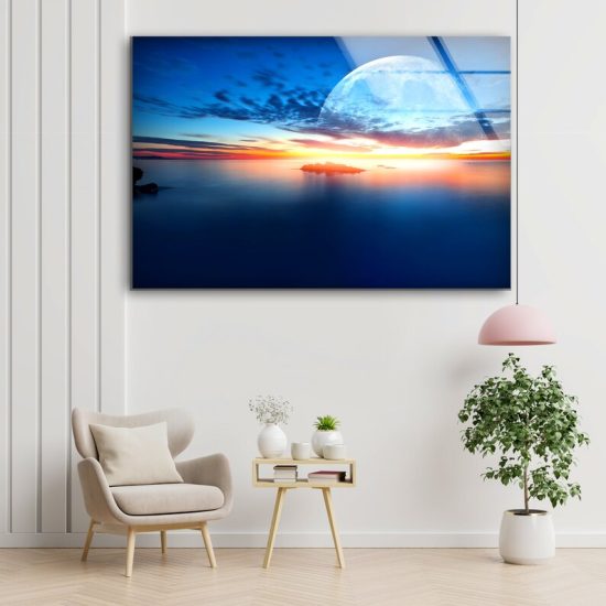 Glass Print Wall Arts For Big Wall Office Decor Tempered Glass Printing Wall Art Sunset At Sea With Super Moon 1