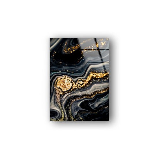 Glass Wall Art Glass Wall Decor Wall Hanging Tempered Glass Printing Black Gold Marble Abstract Wall Art Fractal 1