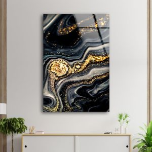 Glass Wall Art Glass Wall Decor Wall Hanging Tempered Glass Printing Black Gold Marble Abstract Wall Art Fractal