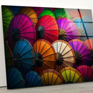 Glass Wall Decor Living Room Tempered Glass Print Abstract Art Wall Hanging Colorful Umbrella Cool Art