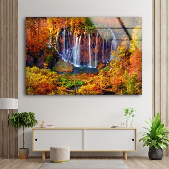 Glass Wall Decor Wall Hanging Tempered Glass Printing Wall Art Autumn Colors And Waterfall Wall Art 1