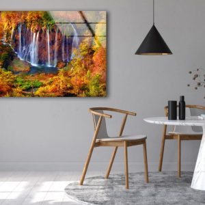Glass Wall Decor Wall Hanging Tempered Glass Printing Wall Art Autumn Colors And Waterfall Wall Art 2