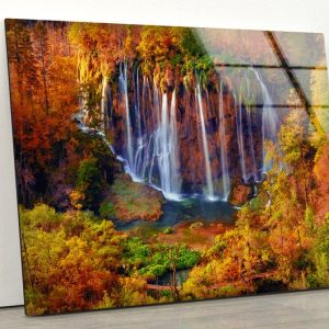 Glass Wall Decor Wall Hanging Tempered Glass Printing Wall Art Autumn Colors And Waterfall Wall Art