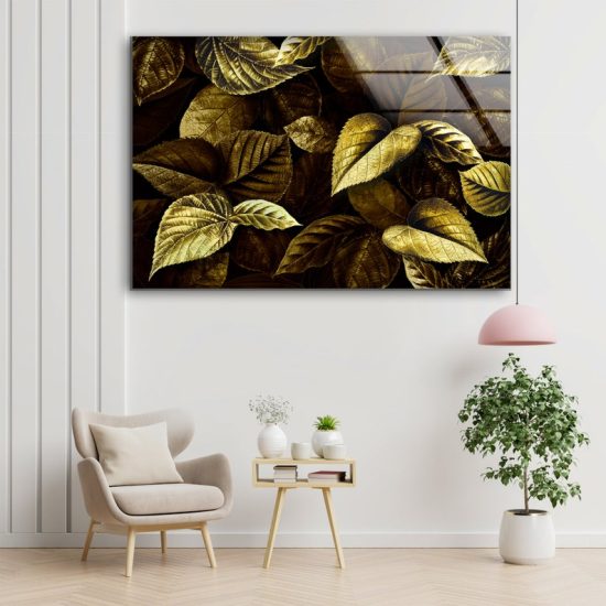 Golden Leaves Wall Art Leaf Wall Art Glass Print 1