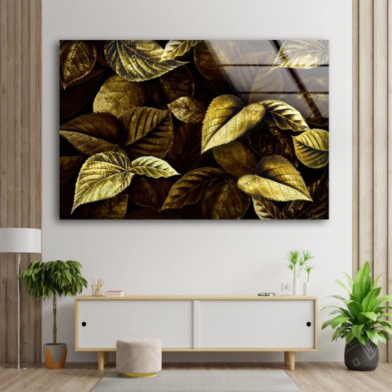 Golden Leaves Wall Art Leaf Wall Art Glass Print 2