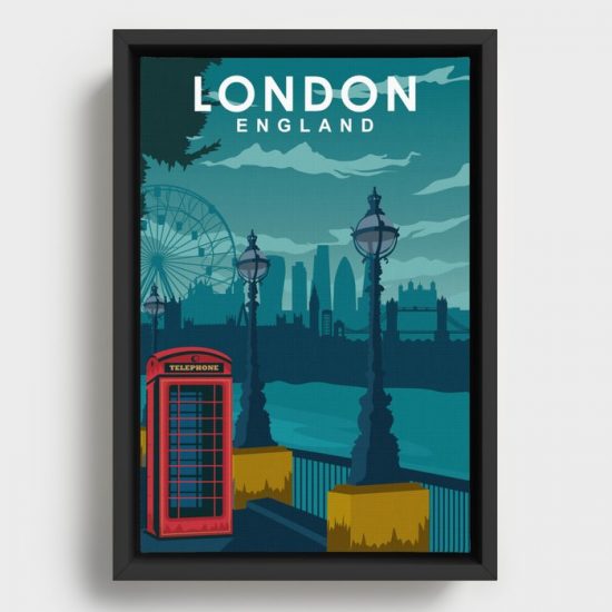 London Travel Poster Telephone booth and skyline Canvas Print Wall Art Decor 1