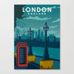 London Travel Poster Telephone booth and skyline Canvas Print - Wall Art Decor