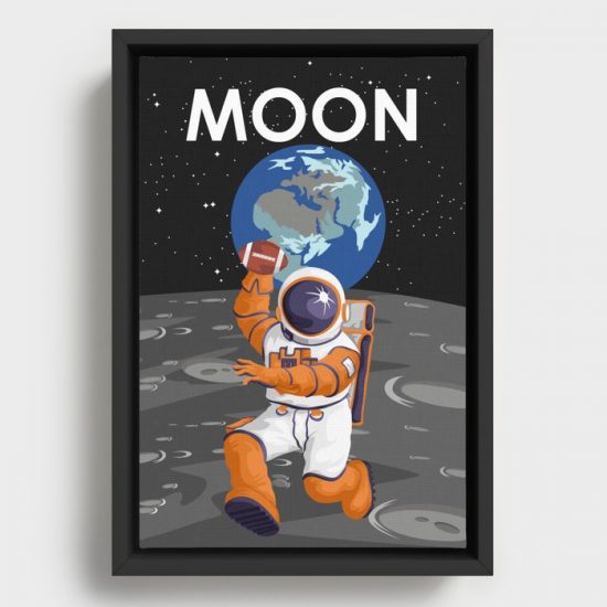 Moon Astronaut Playing American Football on the Surface Canvas Print Wall Art Decor 1