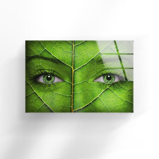 Natural And Vivid Wall Glass Wall Art Ecology Concept Woman Face Leaf Green Eyes 1