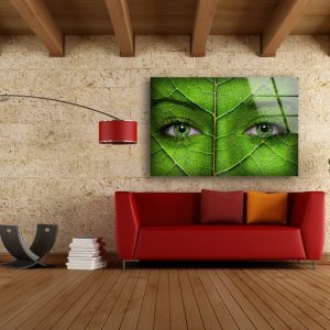 Natural And Vivid Wall Glass Wall Art Ecology Concept Woman Face Leaf Green Eyes 2