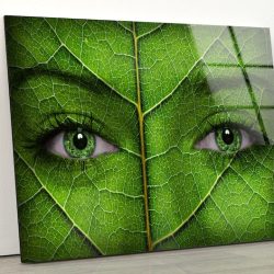 Natural And Vivid Wall Glass Wall Art Ecology Concept Woman Face Leaf Green Eyes