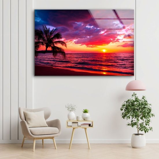 Tempered Glass Ation Abstract Wall Hanging Sunset Palm Tree Wall Art Beach View Wall Art 1
