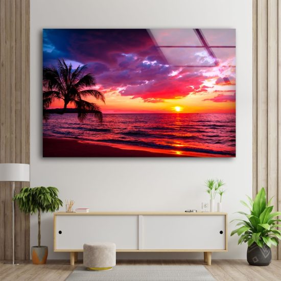 Tempered Glass Ation Abstract Wall Hanging Sunset Palm Tree Wall Art Beach View Wall Art