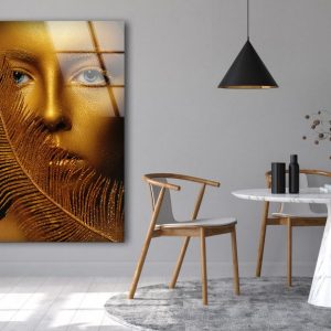 Tempered Glass Painting Wall Art Natural And Vivid Wall Feather Wall Art Woman Portrait In Gold Golden Woman Wall Art 1