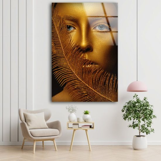 Tempered Glass Painting Wall Art Natural And Vivid Wall Feather Wall Art Woman Portrait In Gold Golden Woman Wall Art 2