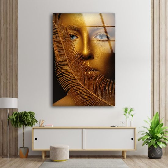 Tempered Glass Painting Wall Art Natural And Vivid Wall Feather Wall Art Woman Portrait In Gold Golden Woman Wall Art