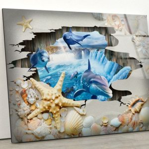 Tempered Glass Print Wall Arts For Big Wall Office Decor Glass Printing Wall Art 3D Ocean Dolphin Wall Art 3D Wall Decal Art