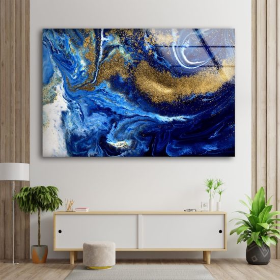 Tempered Glass Print Wall Decor Ation For Living Room Abstract Wall Art Liquid Marble Blue And Gold Wall Art 1