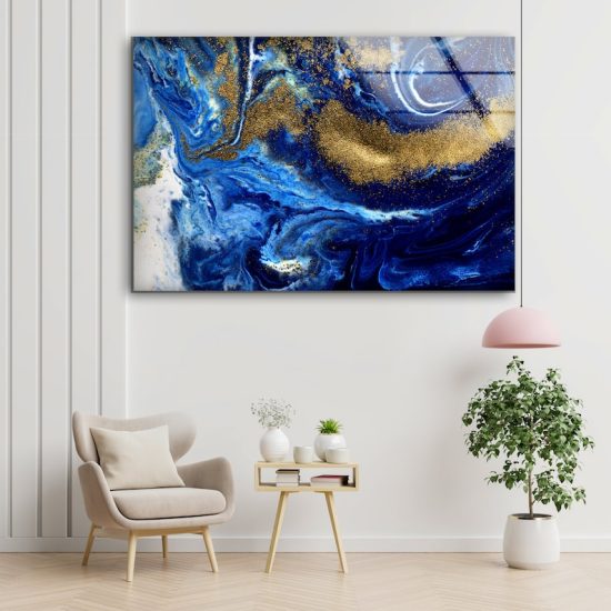 Tempered Glass Print Wall Decor Ation For Living Room Abstract Wall Art Liquid Marble Blue And Gold Wall Art 2