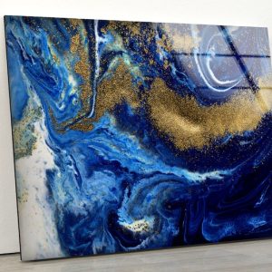 Tempered Glass Print Wall Decor Ation For Living Room Abstract Wall Art Liquid Marble Blue And Gold Wall Art