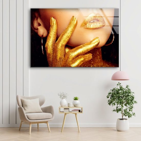 Tempered Glass Printing Wall Art Oversize Wall Decor Ation For Living Room Gold Lips Wall Art Golden Woman Wall Art Woman Lips Art 1