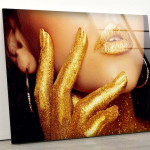 Tempered Glass Printing Wall Art Oversize Wall Decor Ation For Living Room Gold Lips Wall Art Golden Woman Wall Art Woman Lips Art