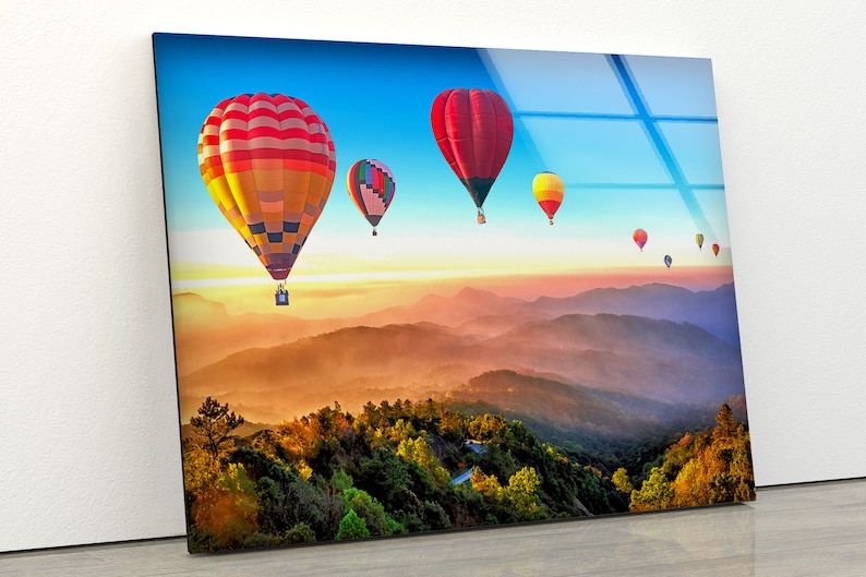 Tempered Glass Printing Wall Decor Ation For Living Room Flying Colorful Hot Air Balloons Hot Air Balloons Wall Art