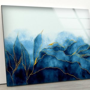 Tempered Glass Printing Wall Decor Ation For Living Room Golden Abstract Wall Art Leaves Wall Art Fractal