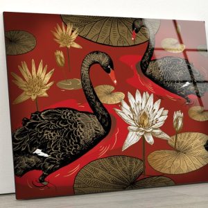 Tempered Glass Printing Wall Decor Ation For Living Room Stained Wall Art Black Swan Drawing