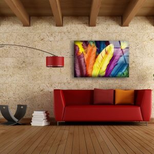 Tempered Glass Printing Wall Decor Ation For Living Room Stained Wall Art Colorful Feathers Wall Art 2