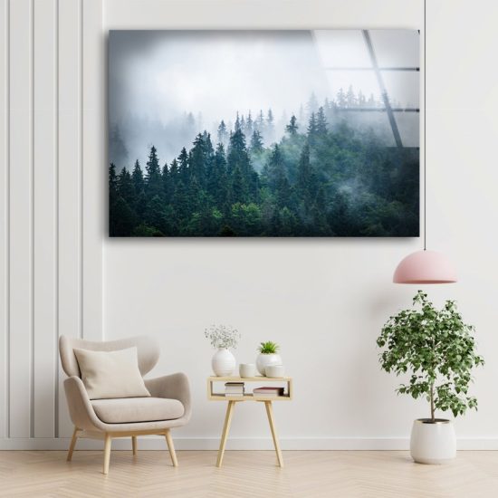 Tempered Glass Printing Wall Decor Ation For Living Room Stained Wall Art Foggy Forest Misty Mountain Art 1