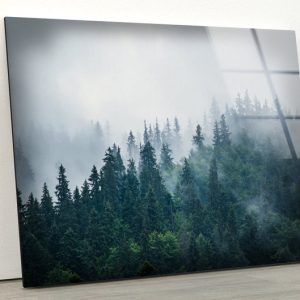 Tempered Glass Printing Wall Decor Ation For Living Room Stained Wall Art Foggy Forest Misty Mountain Art
