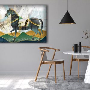 Tempered Glass Printing Wall Decor Ation For Living Room Stained Wall Art Horse Golden Tree With Mountain Art 1