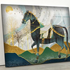 Tempered Glass Printing Wall Decor Ation For Living Room Stained Wall Art Horse Golden Tree With Mountain Art