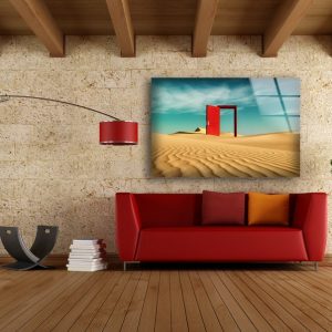 Tempered Glass Printing Wall Decor Ation For Living Room Stained Wall Art Red Door 3D Render Illustration 2