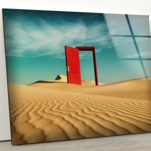 Tempered Glass Printing Wall Decor Ation For Living Room Stained Wall Art Red Door 3D Render Illustration