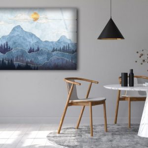 Tempered Glass Printing Wall Decor Ation For Living Room Stained Wall Art Silhouettes Of Mountains With Trees 1